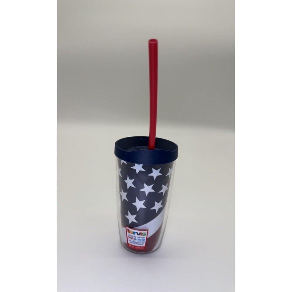 Tervis American Flag Colossal 24oz Tumbler Cup Blue Lid Clear, Red, White & Blue